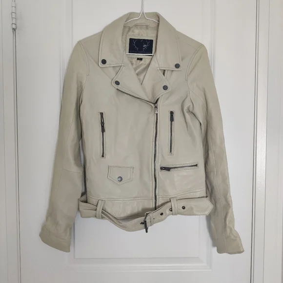 *Bod & Christensen Elegant Cream Leather Biker Jacket – Size L - Picture 2 of 12